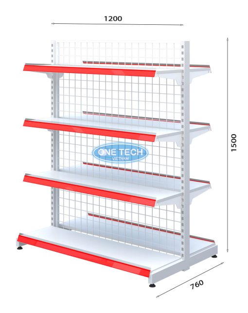 Kệ siêu thị đôi lưng lưới 4 tầng, kích thước C150 x D120 cm, thiết kế chắc chắn, phù hợp cho cửa hàng tạp hóa và siêu thị.