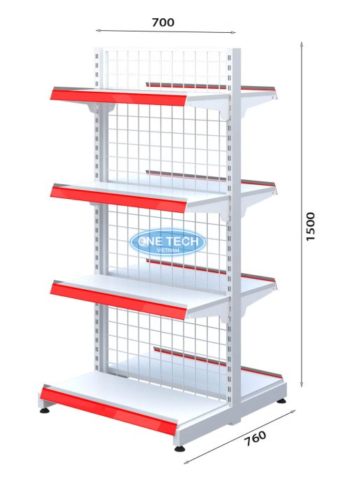 Kệ siêu thị đôi lưng lưới 4 tầng chắc chắn, thiết kế tối ưu giúp trưng bày sản phẩm gọn gàng, chuyên nghiệp.