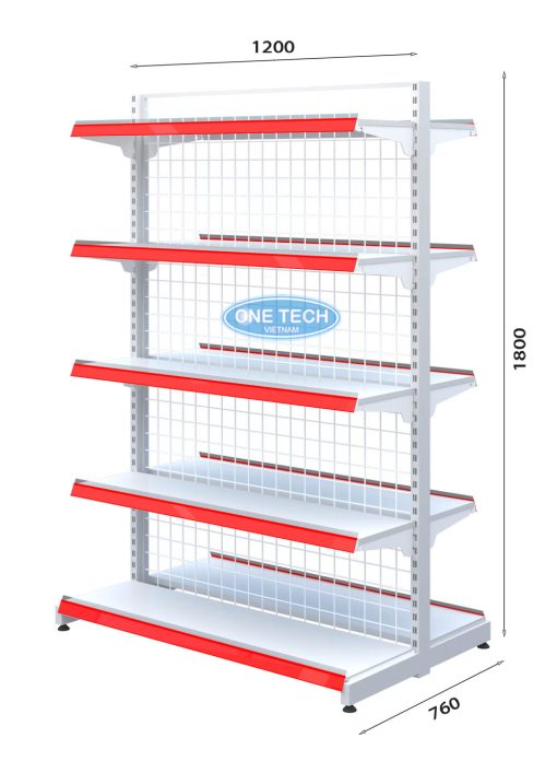 Kệ đôi siêu thị lưng lưới 5 tầng kích thước x C180 x D120, thiết kế chắc chắn, phù hợp trưng bày hàng hóa trong siêu thị, cửa hàng tiện lợi.