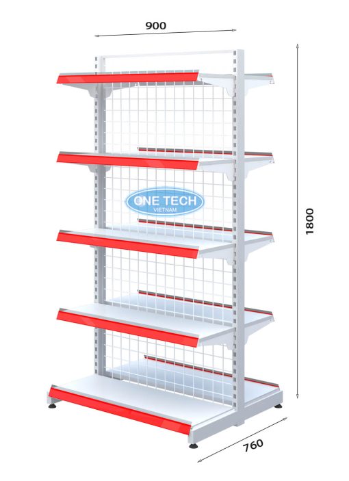 Kệ siêu thị đôi lưng lưới 5 tầng kích thước C180 x D90, thiết kế chắc chắn, phù hợp trưng bày hàng hóa đa dạng.