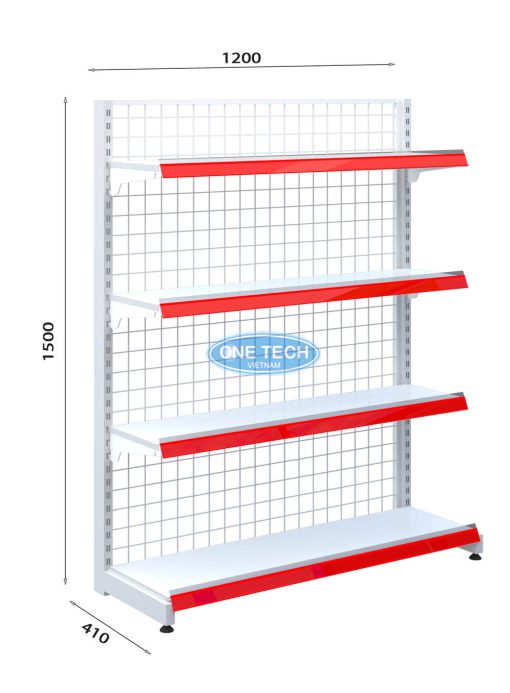Kệ siêu thị đơn lưng lưới 4 tầng chắc chắn, thiết kế thông thoáng, phù hợp cho cửa hàng và siêu thị.