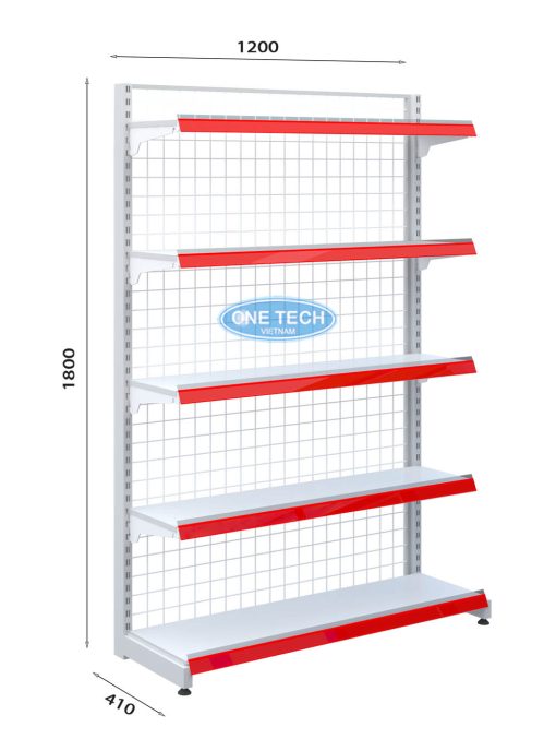 Kệ siêu thị đơn lưng lưới 5 tầng kích thước C180 x D120, thiết kế chắc chắn, phù hợp cho cửa hàng, siêu thị.