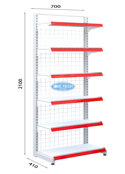 Kệ siêu thị đơn lưng lưới 6 tầng kích thước C210 x D70, thiết kế chắc chắn, phù hợp cho cửa hàng tạp hóa, siêu thị.