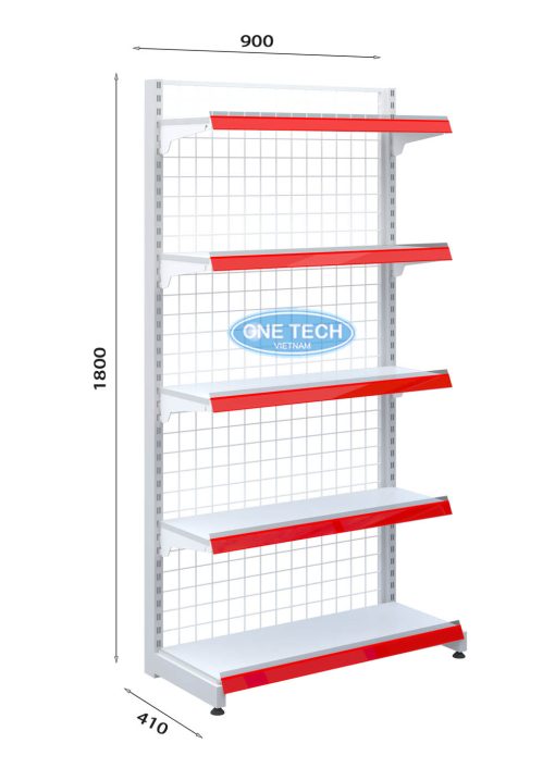 Giá kệ siêu thị đơn lưng lưới 5 tầng cao 180cm, dài 90cm, thiết kế chắc chắn, tối ưu trưng bày hàng hóa.