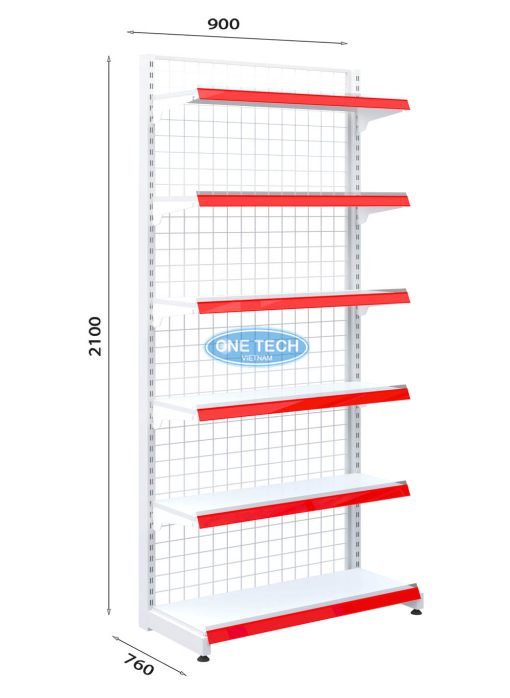 Kệ siêu thị đơn lưng lưới 6 tầng cao 210cm, dài 90cm, thiết kế chắc chắn, tối ưu không gian trưng bày sản phẩm.