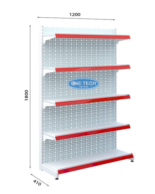 Kệ siêu thị đơn tôn lỗ 5 tầng, cao 180cm, dài 120cm, chất liệu tôn sơn tĩnh điện, phù hợp trưng bày hàng hóa.