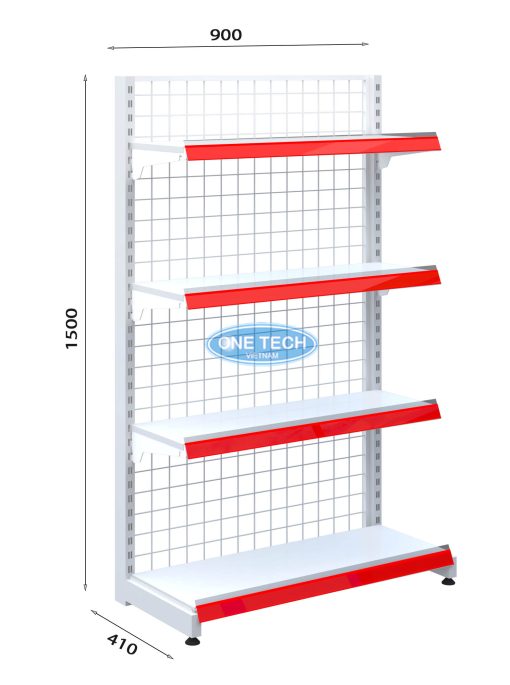 Kệ siêu thị đơn lưng lưới 4 tầng, kích thước C150 x D90 cm, thiết kế chắc chắn, phù hợp trưng bày hàng hóa.