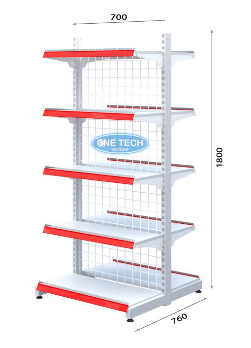 Kệ siêu thị đôi lưng lưới 5 tầng chắc chắn, thiết kế thông minh giúp sắp xếp hàng hóa gọn gàng và chuyên nghiệp.