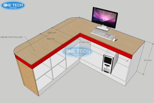 Mặt sau của bàn thu ngân gỗ mặt kính