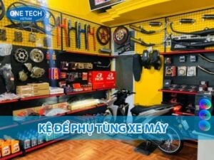 Kệ để phụ tùng xe máy chắc chắn, thiết kế nhiều tầng giúp tối ưu không gian lưu trữ trong cửa hàng và xưởng sửa chữa.