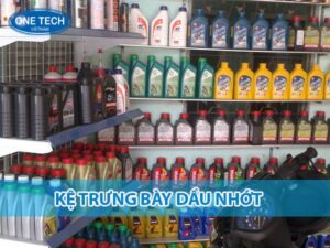 Kệ trưng bày dầu nhớt kim loại bền chắc, thiết kế chuyên dụng giúp sắp xếp sản phẩm gọn gàng, dễ nhìn.
