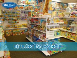 Kệ trưng bày đồ chơi nhiều tầng, thiết kế bắt mắt giúp sắp xếp đồ chơi gọn gàng, thu hút khách hàng.