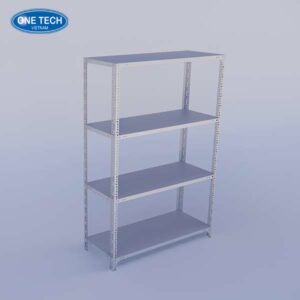 Kệ sắt V lỗ 4 tầng chắc chắn, sơn tĩnh điện chống gỉ, phù hợp để lưu trữ hàng hóa, hồ sơ, vật dụng trong kho và cửa hàng.