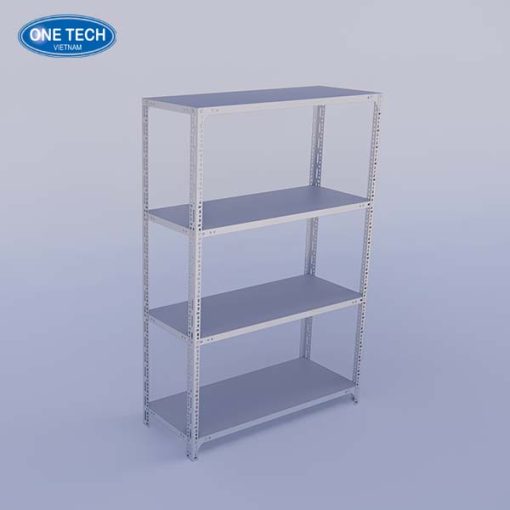 Kệ sắt V lỗ 4 tầng chắc chắn, sơn tĩnh điện chống gỉ, phù hợp để lưu trữ hàng hóa, hồ sơ, vật dụng trong kho và cửa hàng.