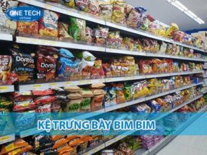 Kệ trưng bày bim bim với thiết kế chắc chắn, giúp sắp xếp sản phẩm gọn gàng và thu hút khách hàng.