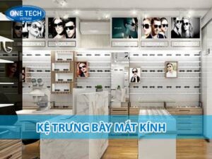 Kệ trưng bày mắt kính hiện đại, thiết kế tinh tế giúp sắp xếp sản phẩm gọn gàng và thu hút khách hàng.