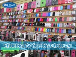 Kệ trưng bày ốp lưng điện thoại thiết kế hiện đại, giúp sắp xếp sản phẩm khoa học và thu hút khách hàng.