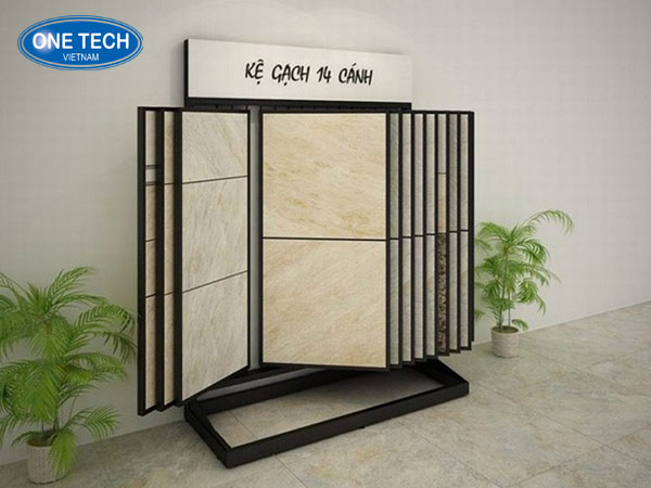 Kệ cánh lật trưng bày gạch ốp lát hiện đại tại showroom Kệ cánh lật trưng bày gạch ốp lát giúp tối ưu không gian và hiển thị mẫu gạch rõ nét