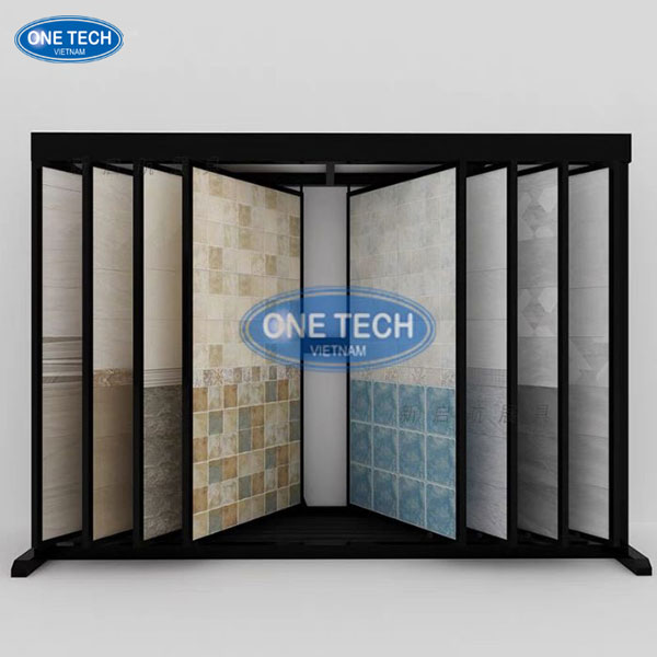 Kệ cửa trượt trưng bày gạch ốp lát hiện đại và tiết kiệm không gian Kệ cửa trượt bày gạch ốp lát với thiết kế chắc chắn, dễ dàng kéo trượt để thay đổi mẫu trưng bày