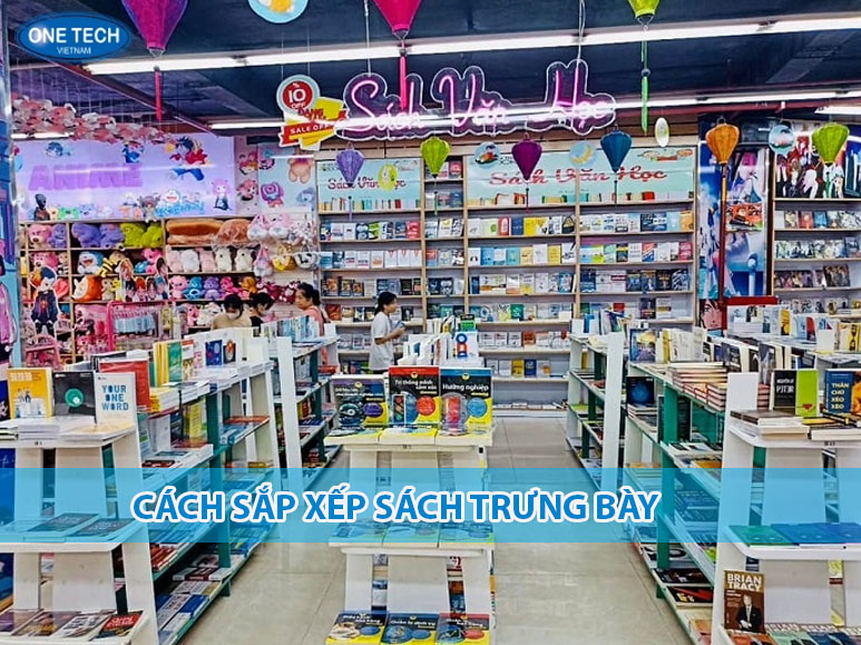 Hình ảnh minh họa cách xếp sách trưng bày gọn gàng và thu hút trên kệ siêu thị