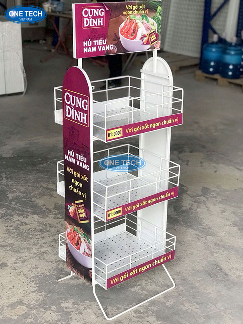 Kệ quảng cáo có bánh xe di chuyển dễ dàng dùng để trưng bày hàng tạp hóa