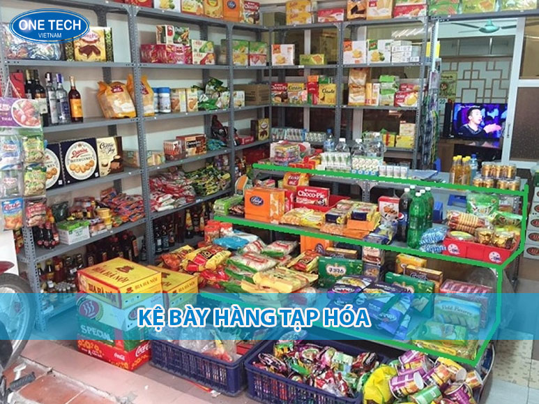 Kệ bày hàng tạp hóa bằng sắt sơn tĩnh điện với nhiều tầng, dùng để trưng bày sản phẩm trong cửa hàng tạp hóa