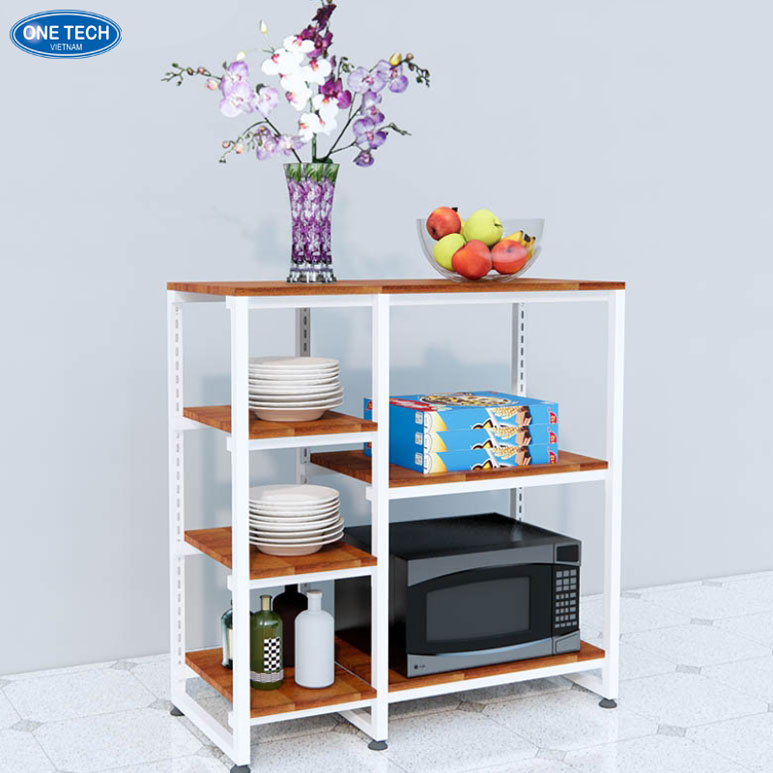 Cách chọn kệ gia dụng phù hợp cho mọi không gian sống Kệ gia dụng đa năng được sắp xếp gọn gàng trong không gian bếp hiện đại
