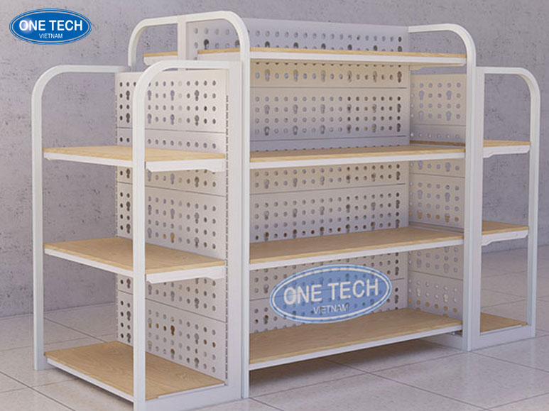 Kệ gỗ khung sắt đôi lưng tôn đục lỗ – Bền vững Kệ gỗ khung sắt đôi lưng tôn đục lỗ với thiết kế bền vững, chất lượng cao, phù hợp cho không gian siêu thị, cửa hàng