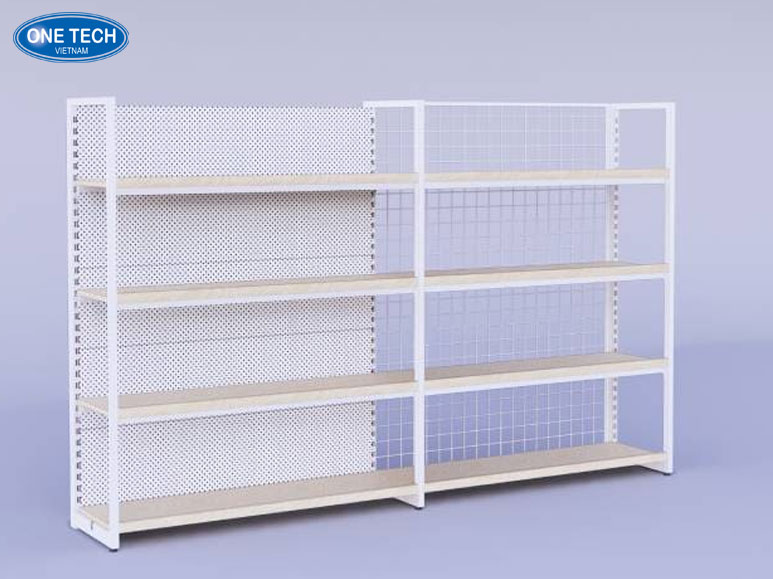 Kệ gỗ khung sắt lưng lưới phối lưng tôn độc đáo – Giải pháp trưng bày hiệu quả Kệ gỗ khung sắt kết hợp lưng lưới và lưng tôn, thiết kế chắc chắn, phù hợp trưng bày đa dạng sản phẩm