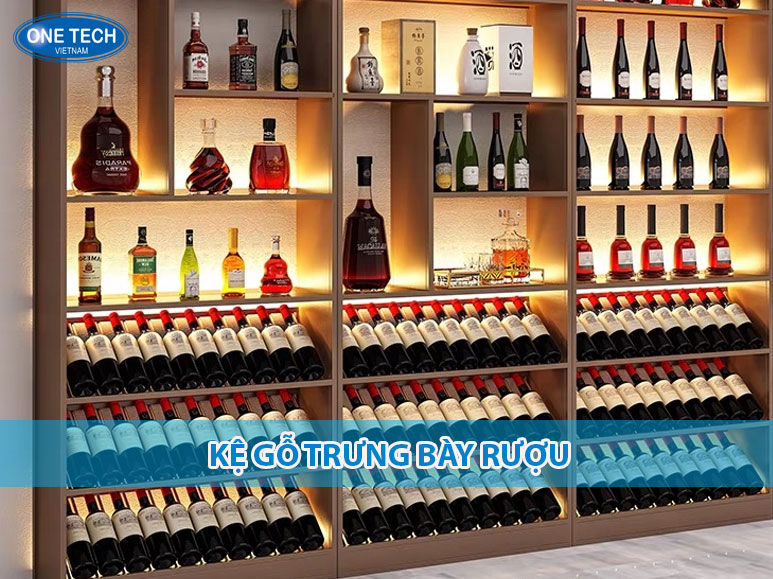Kệ gỗ trưng bày rượu nhiều tầng với thiết kế cổ điển, phù hợp cho quán bar, showroom và siêu thị rượu