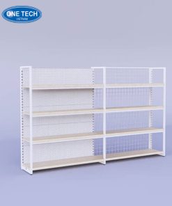 Kệ khung sắt mặt gỗ phối lưng lưới và lưng tôn