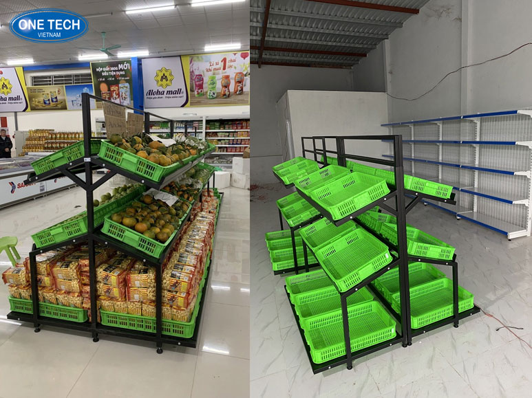 Các mẫu kệ trưng bày rau củ quả thiết kế mới, linh hoạt Kệ trưng bày rau củ quả nhiều kiểu dáng, chất liệu đa dạng phù hợp cho siêu thị và cửa hàng nông sản