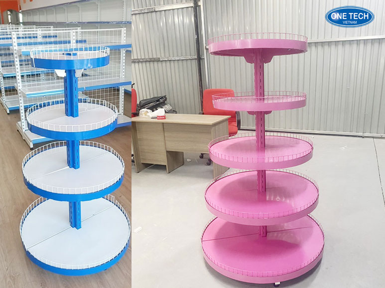 Kệ tròn siêu thị 360 độ trưng bày giữa lối đi – Thiết kế thông minh Kệ tròn siêu thị trưng bày sản phẩm 360 độ, đặt giữa lối đi, tối ưu không gian bán hàng