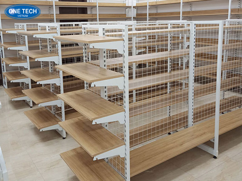 Kệ sắt mâm gỗ siêu thị hiện đại trưng bày sản phẩm cao cấp Kệ sắt mâm gỗ siêu thị 5 tầng thiết kế hiện đại, phù hợp trưng bày hàng hóa cao cấp tại cửa hàng