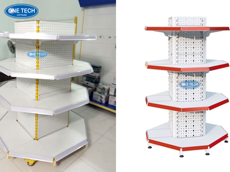 Kệ lục giác siêu thị – Trưng bày đa hướng, nổi bật Kệ lục giác siêu thị được thiết kế đa hướng, phù hợp để trưng bày sản phẩm một cách nổi bật, giúp tối ưu không gian bán hàng và thu hút sự chú ý của khách hàng