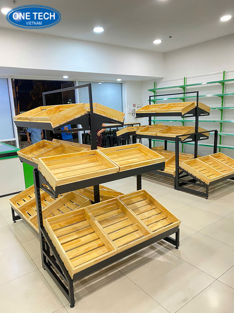 Kệ rau củ quả siêu thị chất lượng cao - Trưng bày thực phẩm tươi sạch Kệ trưng bày rau củ quả trong siêu thị với thiết kế nhiều tầng bằng thép sơn tĩnh điện