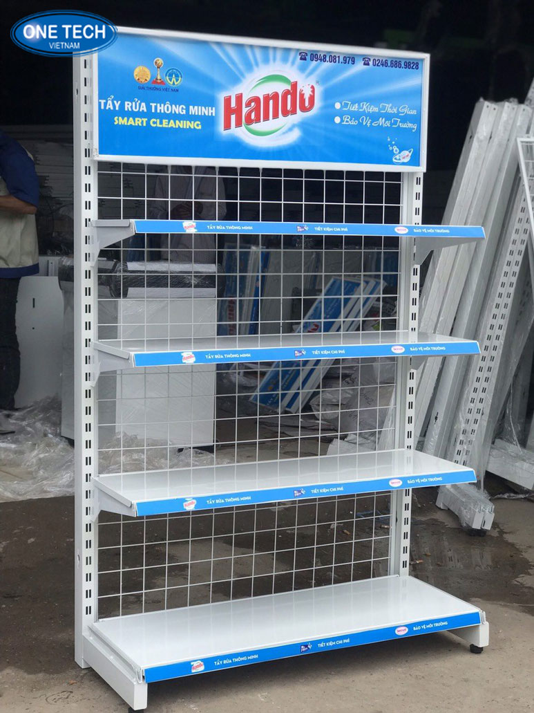 Kệ quảng cáo lưng lưới trưng bày sản phẩm chuyên nghiệp Kệ quảng cáo lưng lưới bằng sắt sơn tĩnh điện, thiết kế tối ưu cho trưng bày sản phẩm tại siêu thị và cửa hàng tiện lợi