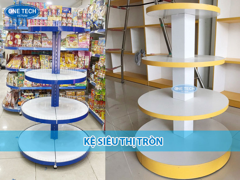 Kệ tròn siêu thị 4 tầng bằng sắt sơn tĩnh điện, dùng để trưng bày hàng hóa tại cửa hàng tiện lợi