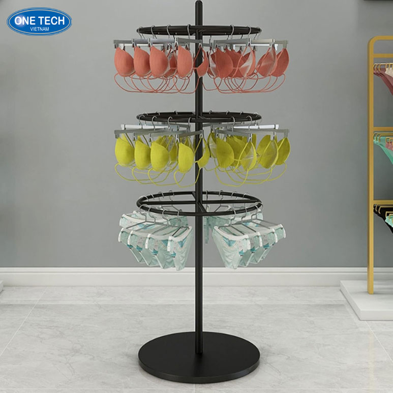 Kệ tròn 3 tầng trưng bày đồ lót – Thiết kế xoay 360 độ tối ưu không gian Kệ tròn 3 tầng xoay 360 độ trưng bày đồ lót nữ trong cửa hàng thời trang