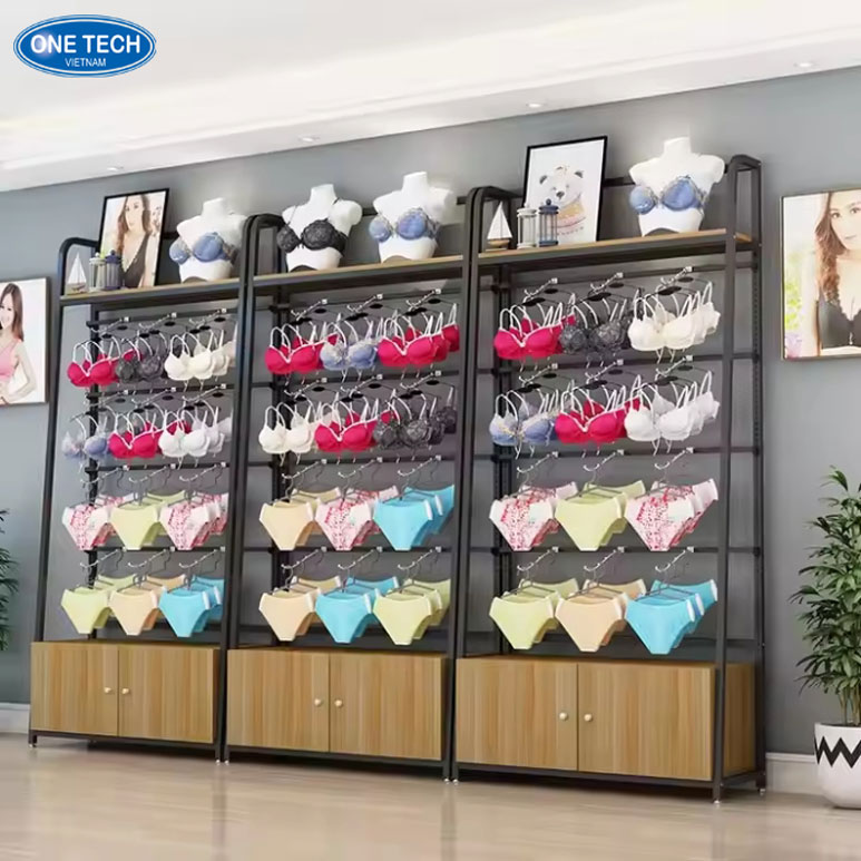 Kệ áp tường trưng bày đồ lót kết hợp tủ gỗ Kệ áp tường trưng bày đồ lót hiện đại với thiết kế kết hợp tủ gỗ sang trọng, tối ưu không gian