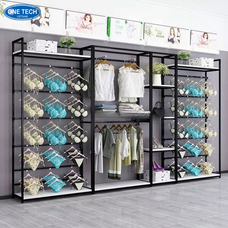 Kệ sắt áp tường có móc treo đồ lót – Giải pháp trưng bày tiện lợi Kệ sắt áp tường kết hợp móc treo trưng bày đồ lót tiện dụng cho cửa hàng