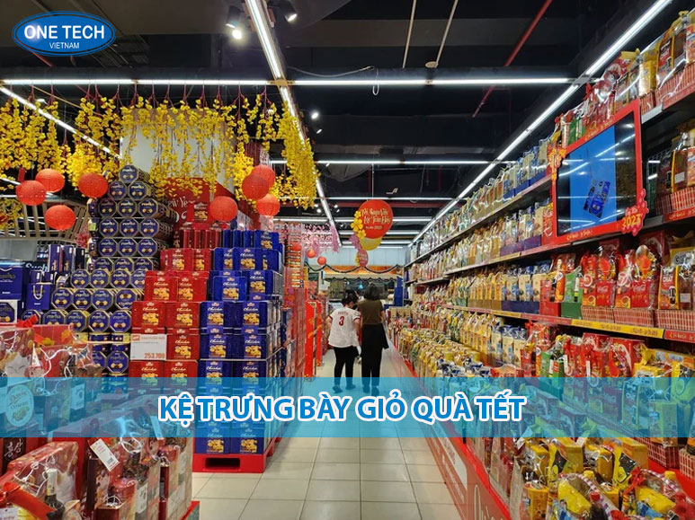 Kệ trưng bày giỏ quà Tết bằng sắt sơn tĩnh điện, thiết kế 3 tầng, trưng bày giỏ quà Tết trong siêu thị