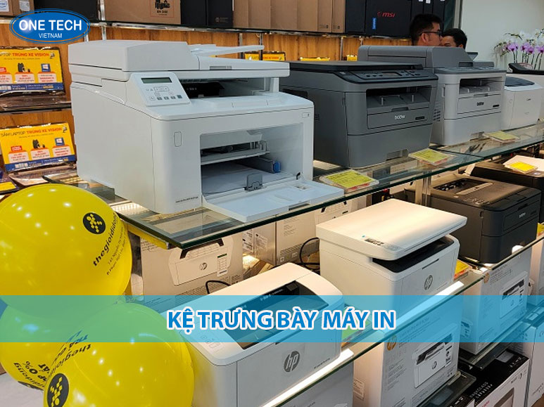 Kệ trưng bày máy in 5 tầng bằng sắt sơn tĩnh điện, trưng bày nhiều mẫu máy in tại cửa hàng điện máy
