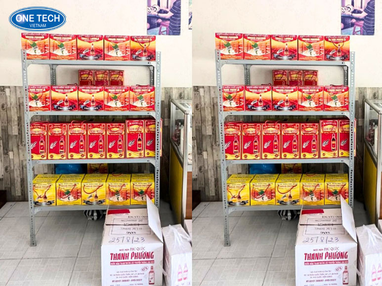 Kệ trưng bày nước mắm chuẩn công nghiệp tại cửa hàng Ảnh thực tế kệ trưng bày nước mắm với kết cấu chắc chắn, thích hợp cho các siêu thị và cửa hàng bán lẻ