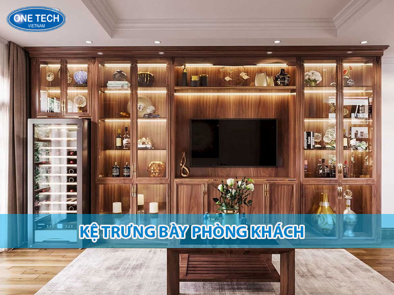 Kệ trưng bày phòng khách màu gỗ sồi, thiết kế 5 tầng tiện dụng, phù hợp trang trí không gian nội thất hiện đại