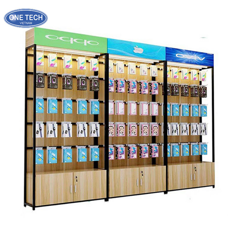 Kệ tủ gỗ công nghiệp trưng bày phụ kiện điện thoại sang trọng và tiện dụng Kệ tủ gỗ công nghiệp treo phụ kiện điện thoại với thiết kế hiện đại, chất liệu MDF phủ melamine, phù hợp cửa hàng bán lẻ