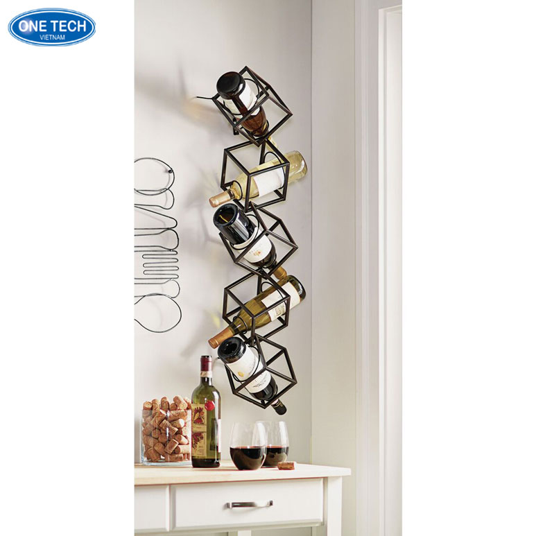 Kệ treo tường đựng rượu cao cấp, thiết kế độc đáo và bền đẹp Kệ treo tường đựng rượu phong cách hiện đại, làm từ vật liệu chắc chắn, phù hợp trưng bày trong nhà và quán bar
