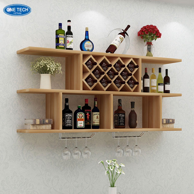 Kệ trưng bày rượu treo tường chất lượng cao, kiểu dáng sang trọng Kệ treo tường dùng để trưng bày chai rượu, thiết kế tinh xảo, chắc chắn phù hợp với không gian phòng khách và quầy bar