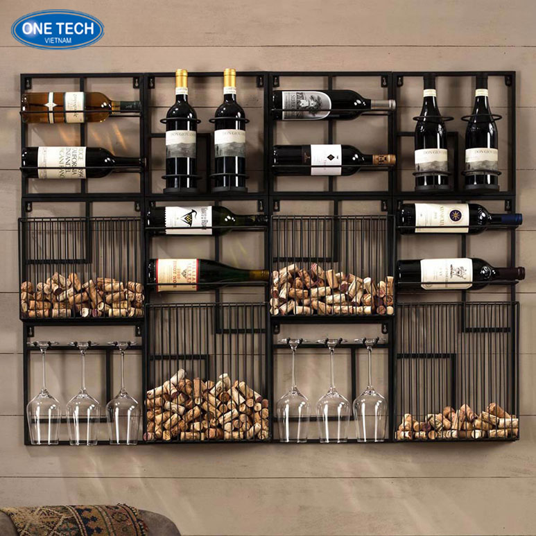 Kệ rượu treo tường thiết kế tinh tế, phù hợp mọi không gian Kệ treo tường trưng bày chai rượu bằng gỗ và kim loại, kiểu dáng hiện đại và bền chắc