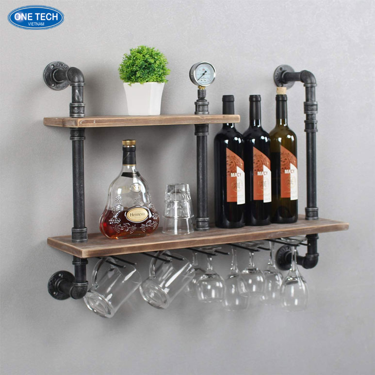 Kệ trưng bày rượu bằng gỗ kết hợp khung sắt sang trọng Kệ trưng bày rượu bằng gỗ kết hợp khung sắt màu đen, thiết kế 5 tầng, phù hợp cho cửa hàng rượu cao cấp